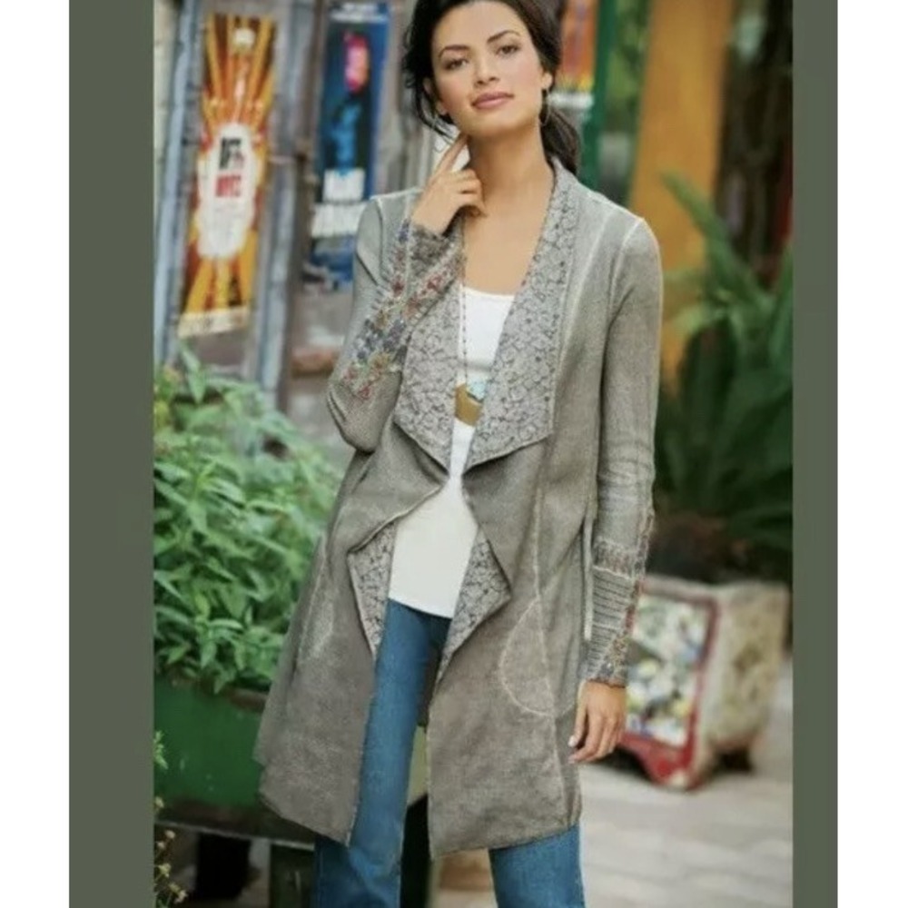 Soft Surroundings Cadence Thermal Cardigan Top Embroidered Cuff 1x Gray Waffle